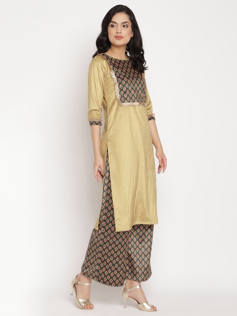 Ahalyaa Women's Mustard Color Digital Print Velvet Kurta With Palazzo | Swadesiicart
