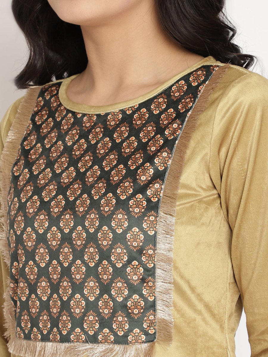 Ahalyaa Women's Mustard Color Digital Print Velvet Kurta With Palazzo | Swadesiicart