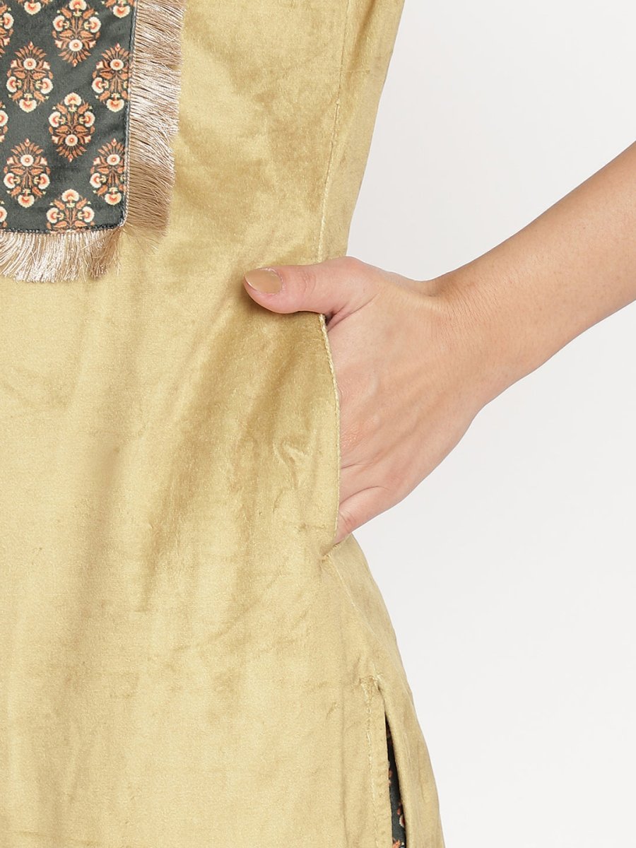 Ahalyaa Women's Mustard Color Digital Print Velvet Kurta With Palazzo | Swadesiicart