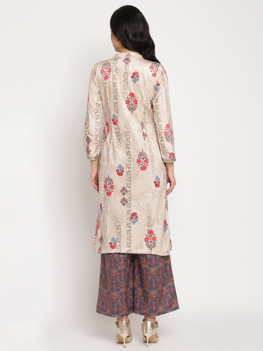 Ahalyaa Women's Beige Color Digital Print Velvet Kurta With Palazzo | Swadesiicart