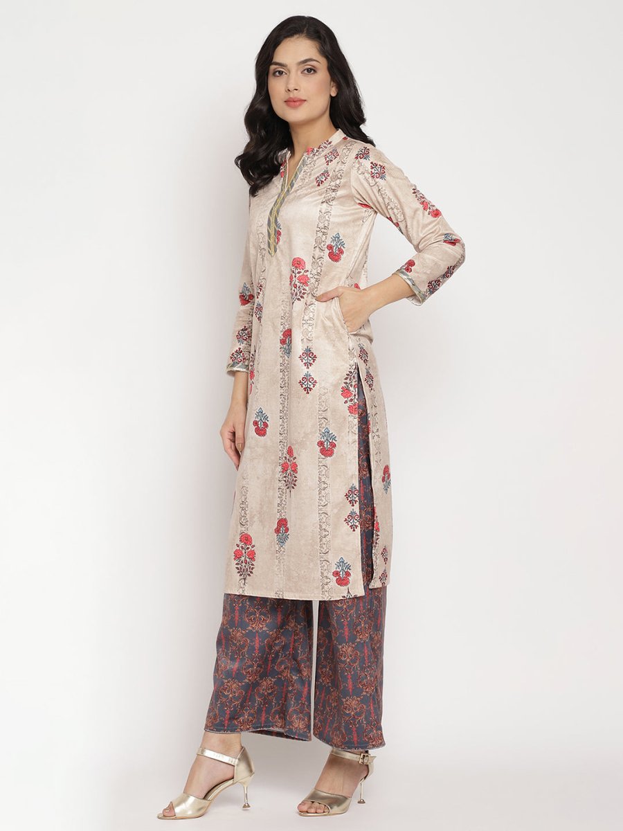 Ahalyaa Women's Beige Color Digital Print Velvet Kurta With Palazzo | Swadesiicart