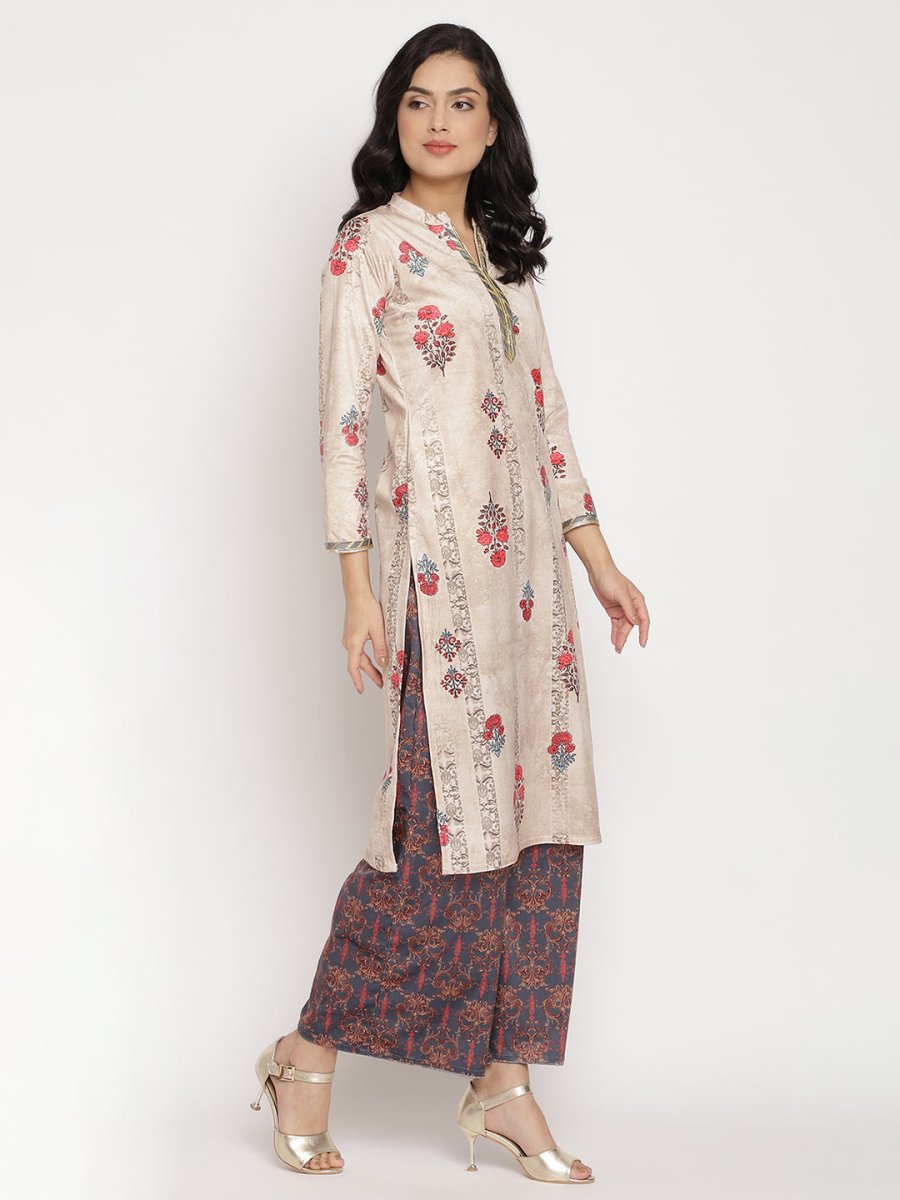 Ahalyaa Women's Beige Color Digital Print Velvet Kurta With Palazzo | Swadesiicart