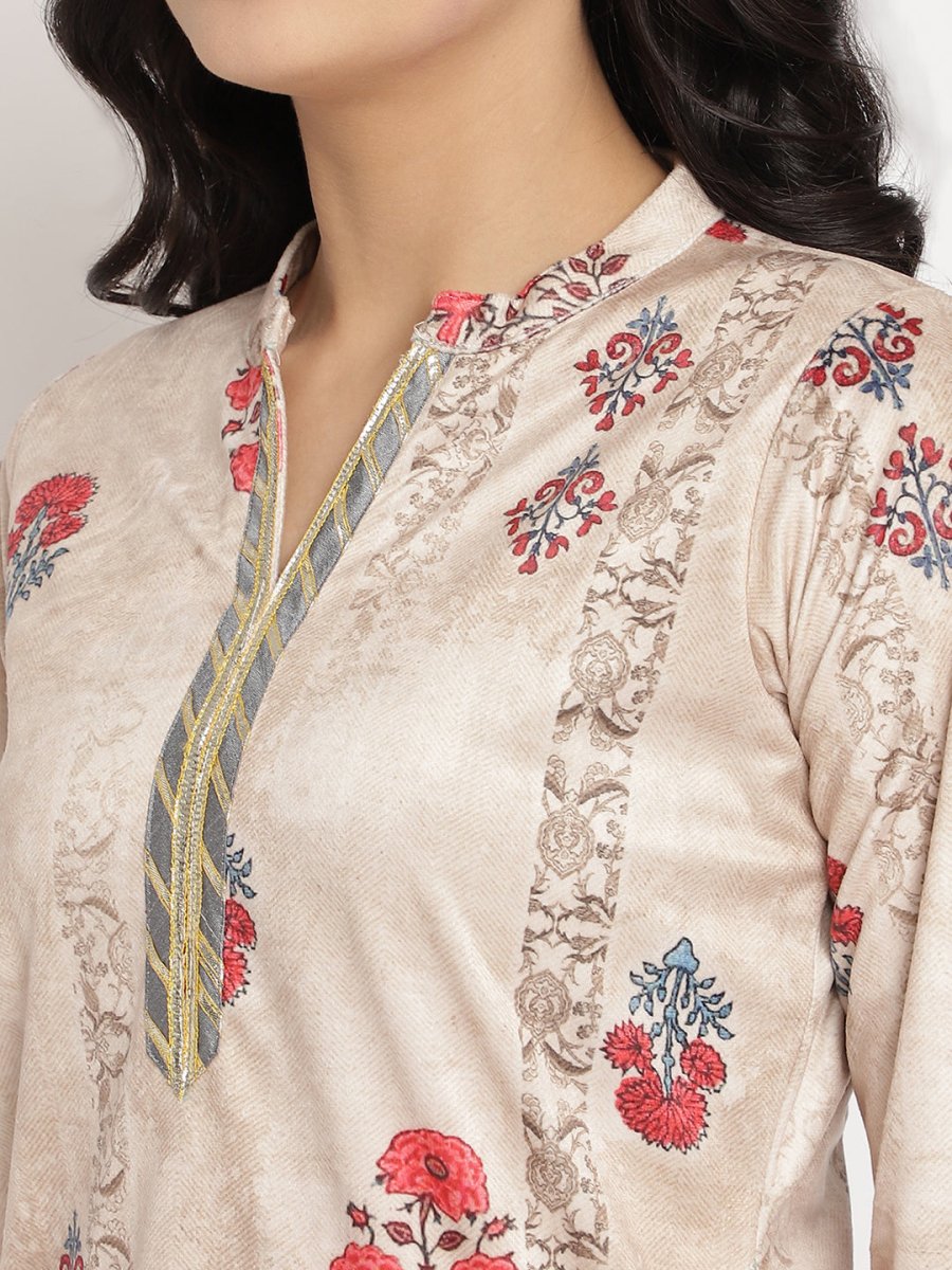 Ahalyaa Women's Beige Color Digital Print Velvet Kurta With Palazzo | Swadesiicart