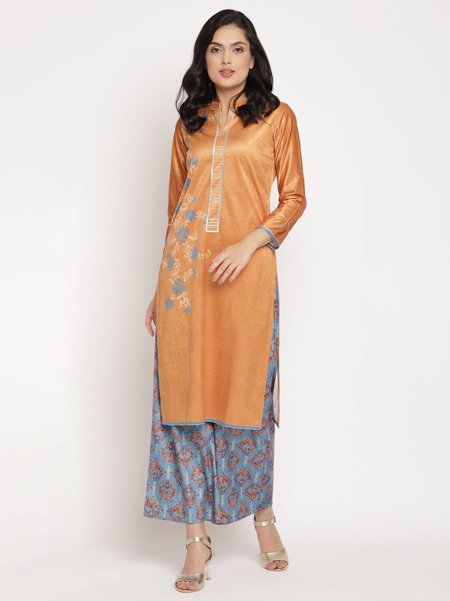 Ahalyaa Women's Orange Color Digital Print Velvet Kurta With Palazzo | Swadesiicart