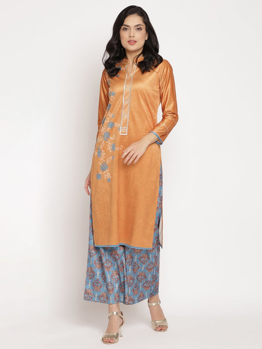 Ahalyaa Women's Orange Color Digital Print Velvet Kurta With Palazzo | Swadesiicart