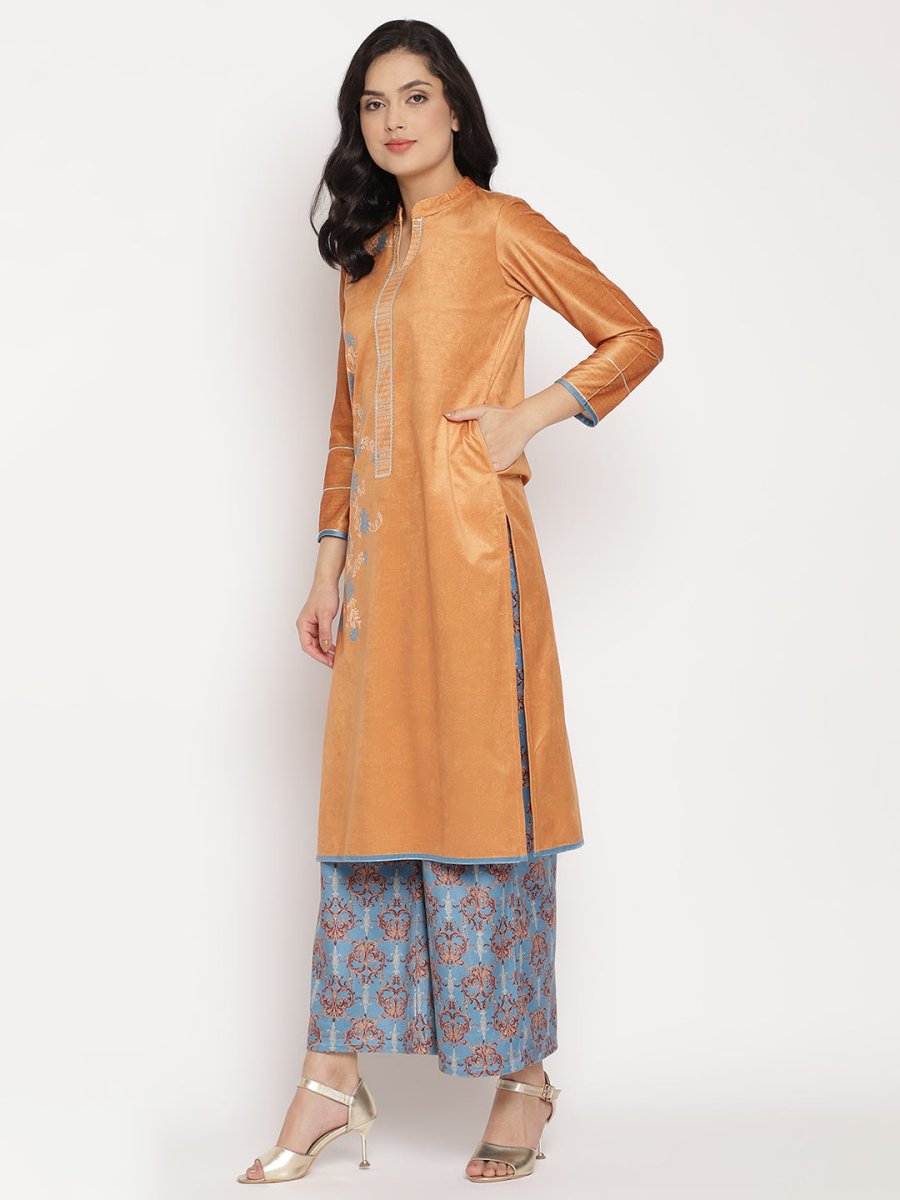 Ahalyaa Women's Orange Color Digital Print Velvet Kurta With Palazzo | Swadesiicart