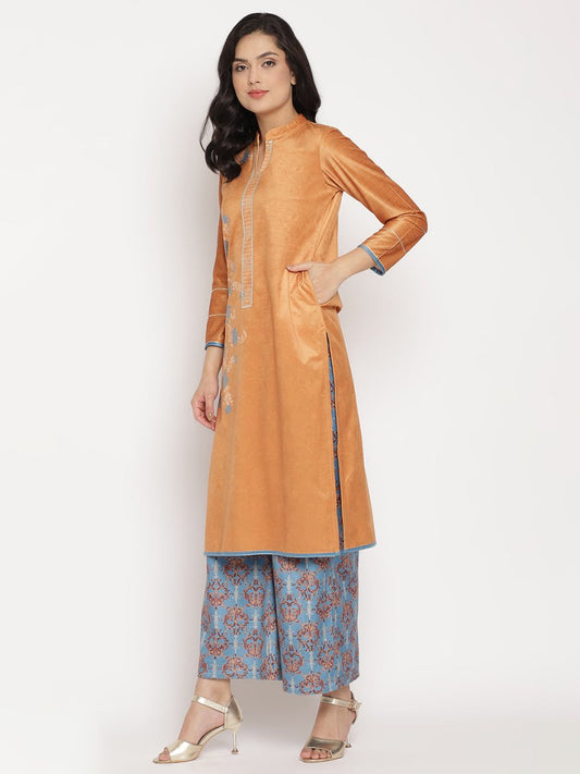Ahalyaa Women's Orange Color Digital Print Velvet Kurta With Palazzo | Swadesiicart