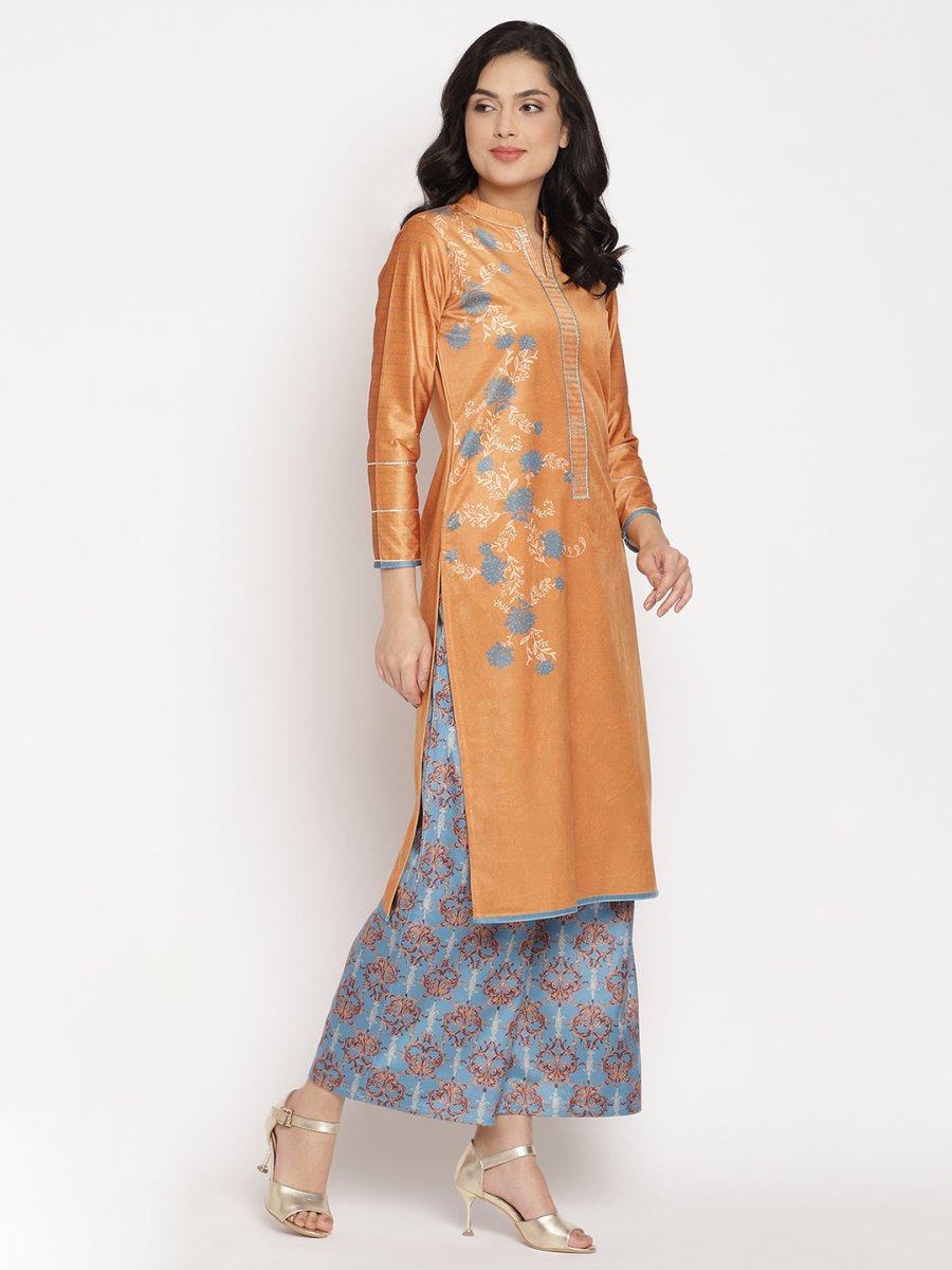 Ahalyaa Women's Orange Color Digital Print Velvet Kurta With Palazzo | Swadesiicart