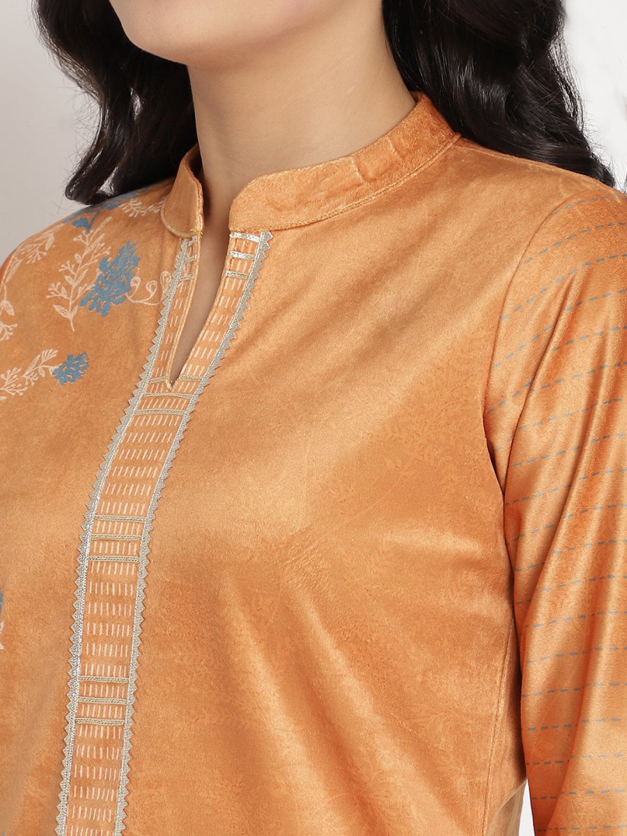 Ahalyaa Women's Orange Color Digital Print Velvet Kurta With Palazzo | Swadesiicart