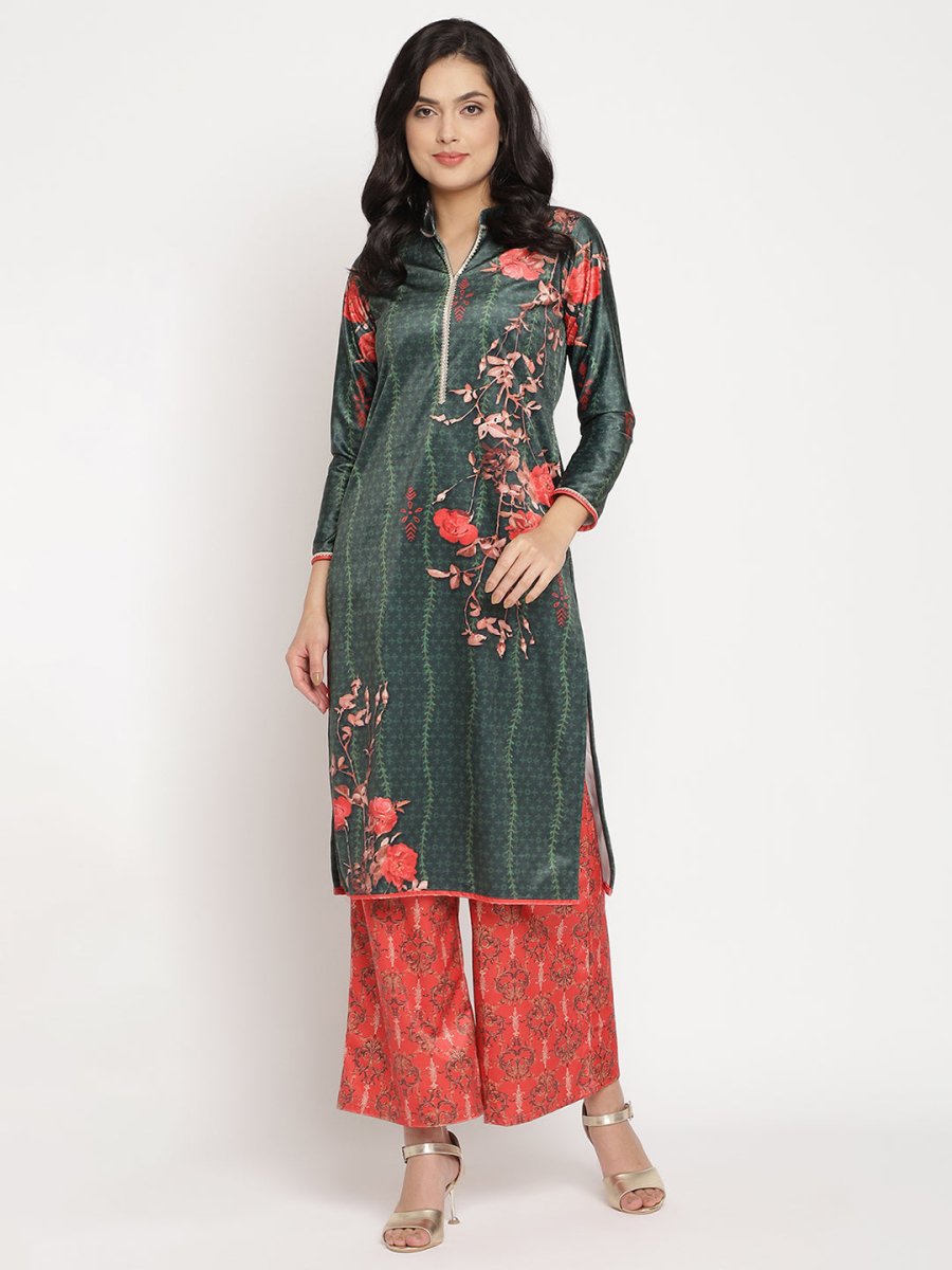 Ahalyaa Women's Dark Green Color Digital Print Velvet Kurta With Palazzo | Swadesiicart