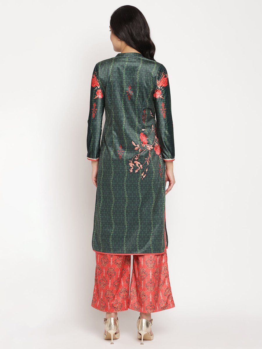 Ahalyaa Women's Dark Green Color Digital Print Velvet Kurta With Palazzo | Swadesiicart