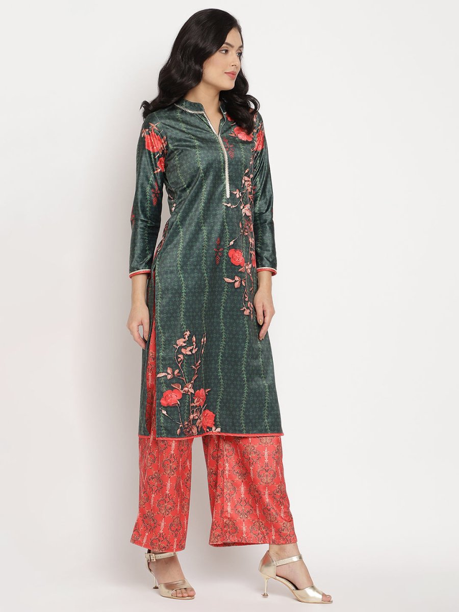 Ahalyaa Women's Dark Green Color Digital Print Velvet Kurta With Palazzo | Swadesiicart