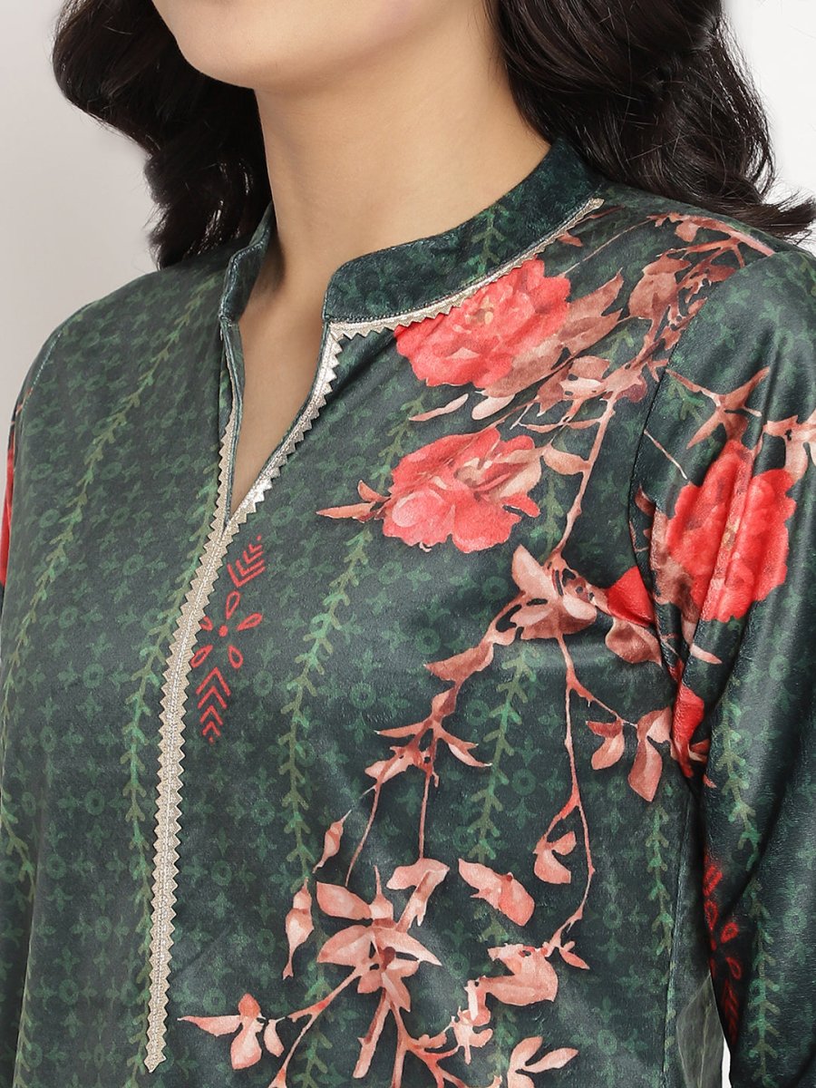 Ahalyaa Women's Dark Green Color Digital Print Velvet Kurta With Palazzo | Swadesiicart