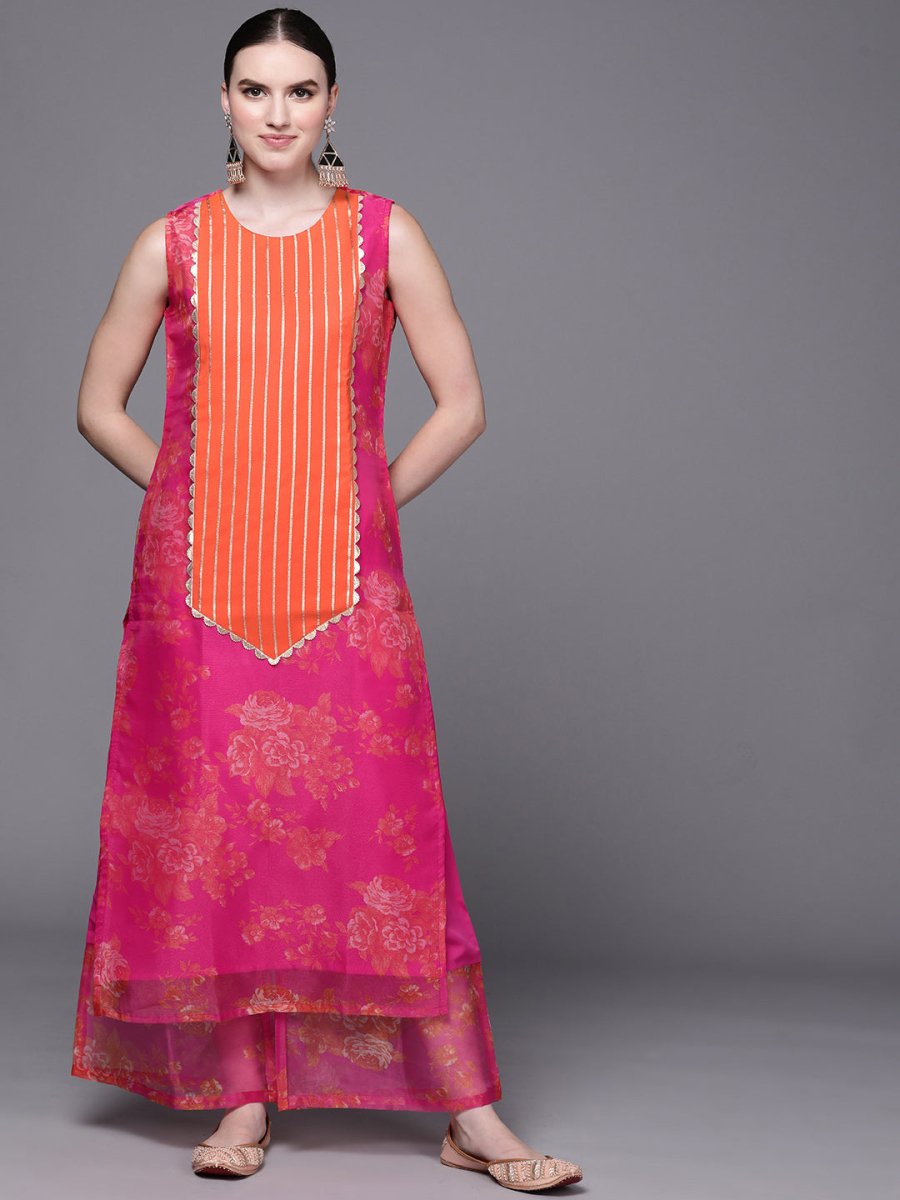 Ahalyaa Women Pink Floral Printed Gotta Patti Kurta with Palazzos | Swadesiicart