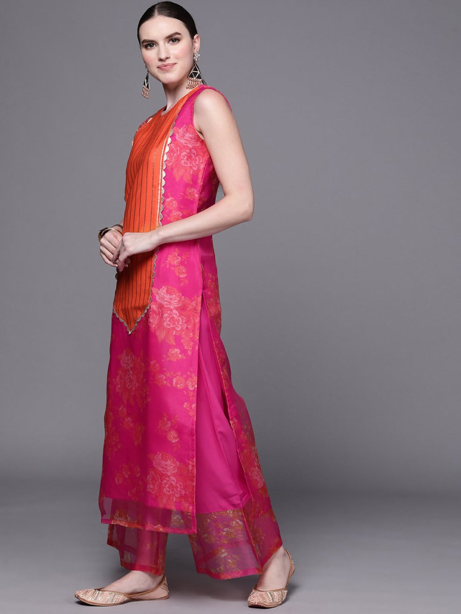 Ahalyaa Women Pink Floral Printed Gotta Patti Kurta with Palazzos | Swadesiicart