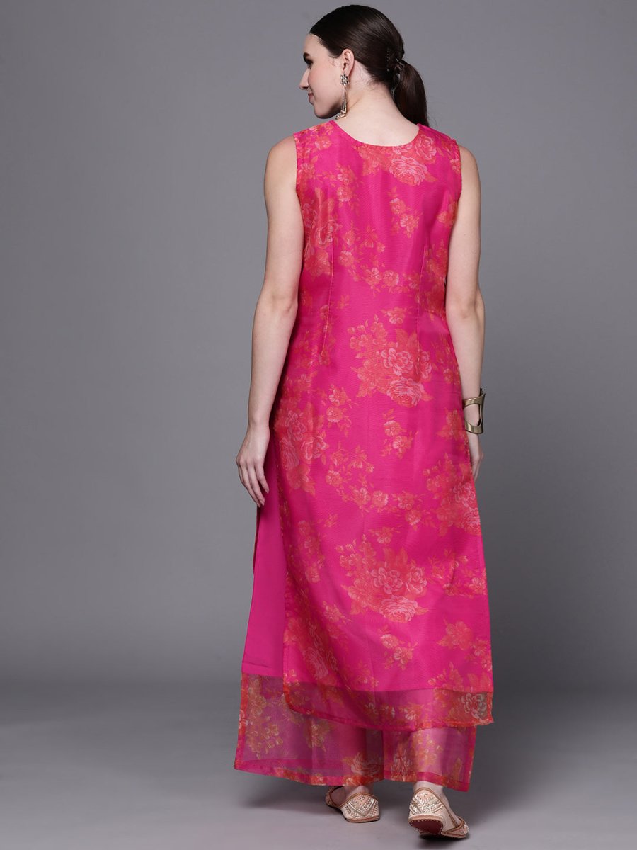 Ahalyaa Women Pink Floral Printed Gotta Patti Kurta with Palazzos | Swadesiicart