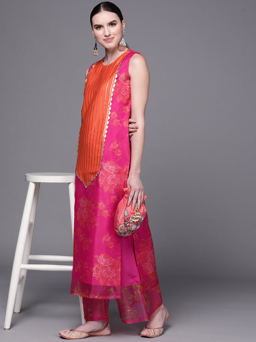 Ahalyaa Women Pink Floral Printed Gotta Patti Kurta with Palazzos | Swadesiicart