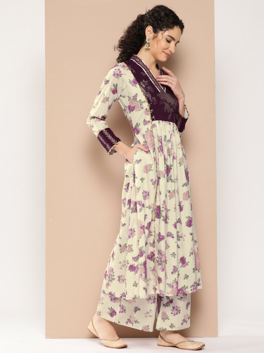 Ahalyaa Women Floral Printed Pleated Gotta Patti Kurta with Palazzos | Swadesiicart
