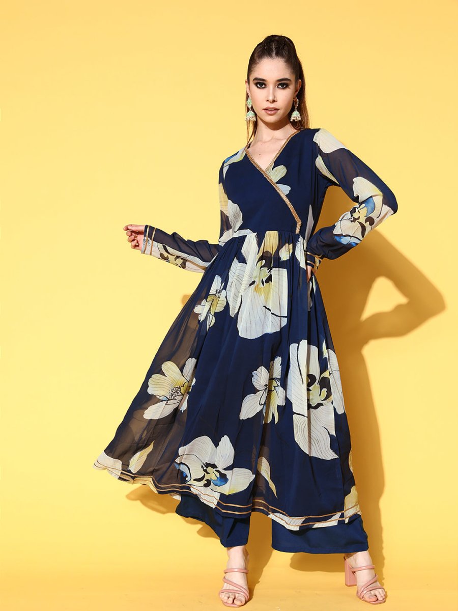 Ahalyaa Women Floral Printed Navy Blue Angrakha Kurta with Palazzos | Swadesiicart