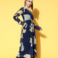 Ahalyaa Women Floral Printed Navy Blue Angrakha Kurta with Palazzos | Swadesiicart