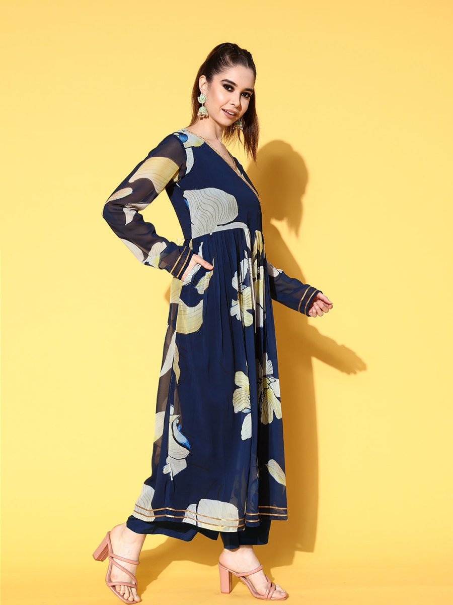 Ahalyaa Women Floral Printed Navy Blue Angrakha Kurta with Palazzos | Swadesiicart