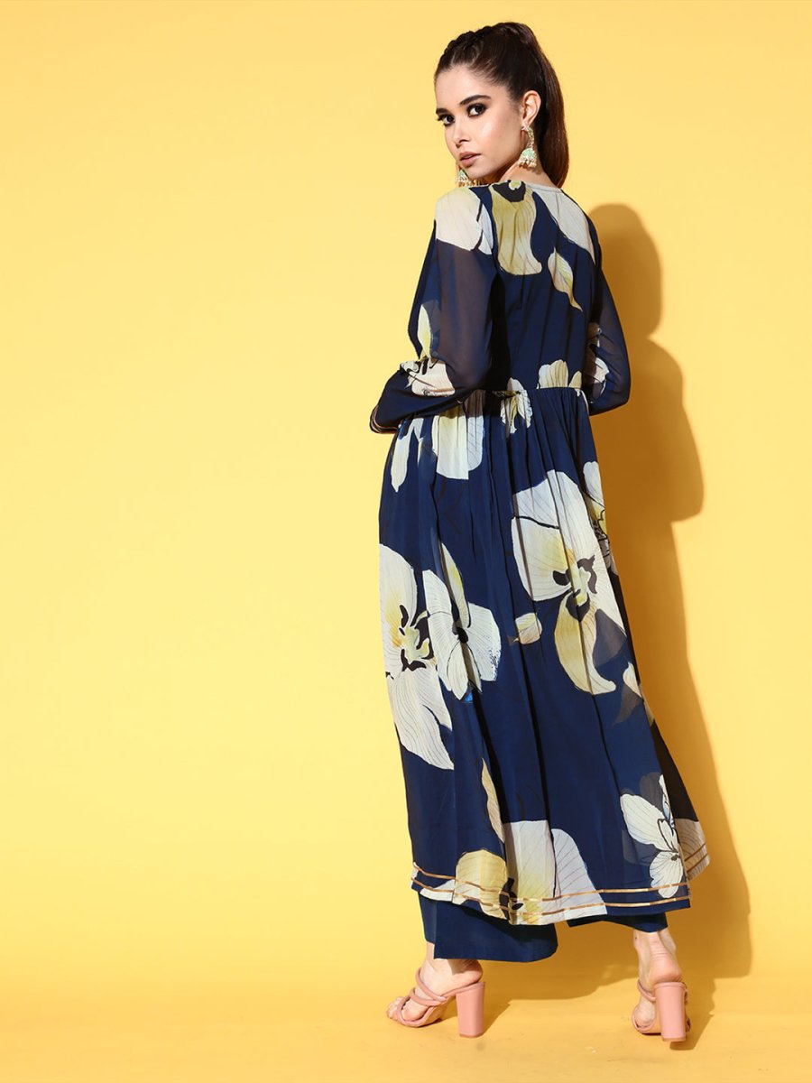 Ahalyaa Women Floral Printed Navy Blue Angrakha Kurta with Palazzos | Swadesiicart