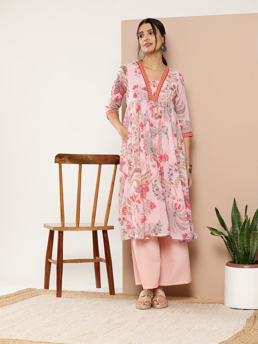 Ahalyaa Women Floral Printed Pleated Kurta With Palazzos | Swadesiicart