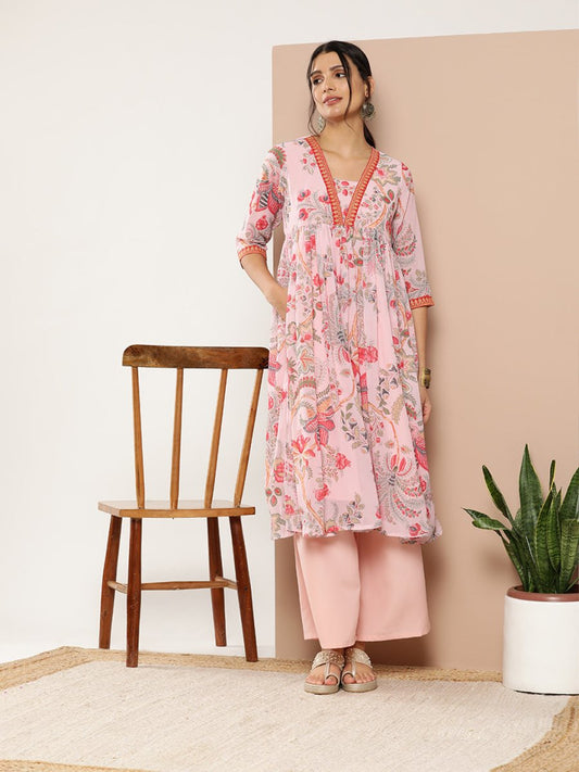 Ahalyaa Women Floral Printed Pleated Kurta With Palazzos | Swadesiicart