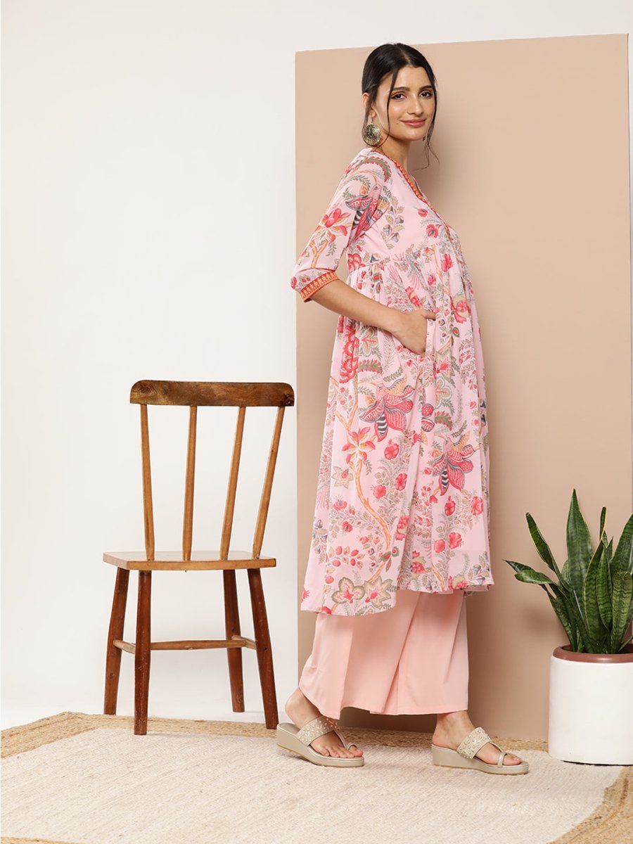 Ahalyaa Women Floral Printed Pleated Kurta With Palazzos | Swadesiicart
