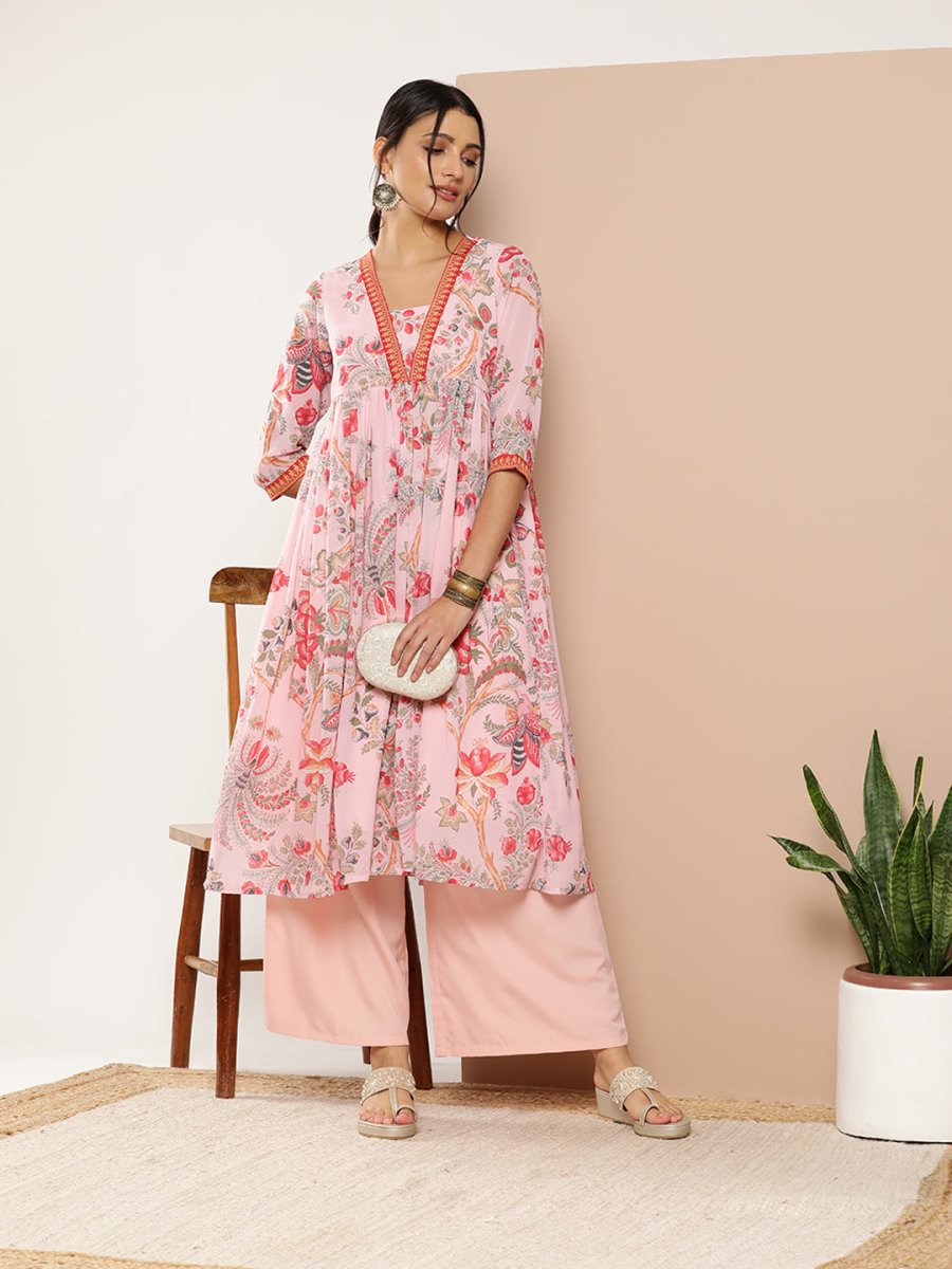 Ahalyaa Women Floral Printed Pleated Kurta With Palazzos | Swadesiicart
