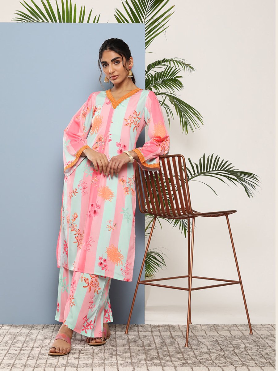 Ahalyaa Women Pink Floral Printed Pleated Gotta Patti Kurta with Palazzos | Swadesiicart