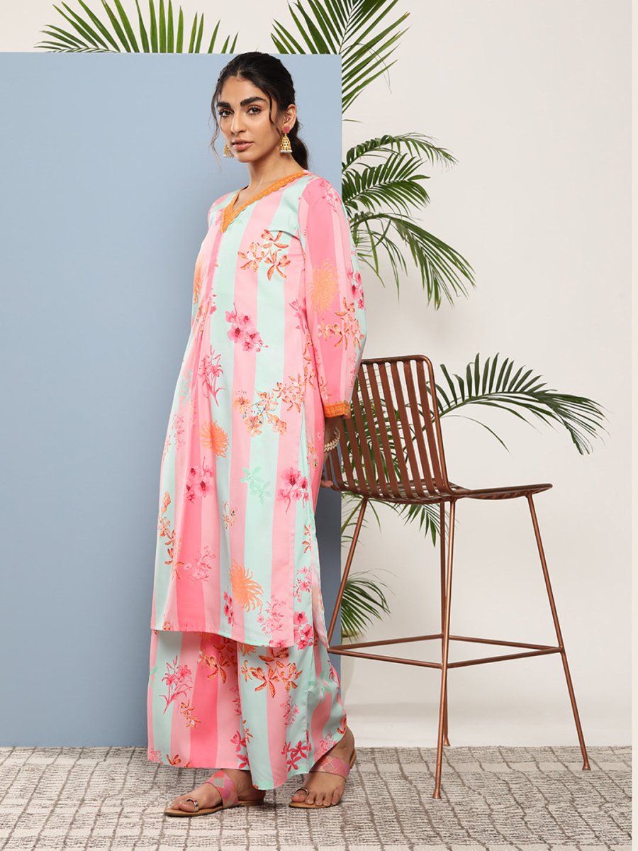 Ahalyaa Women Pink Floral Printed Pleated Gotta Patti Kurta with Palazzos | Swadesiicart