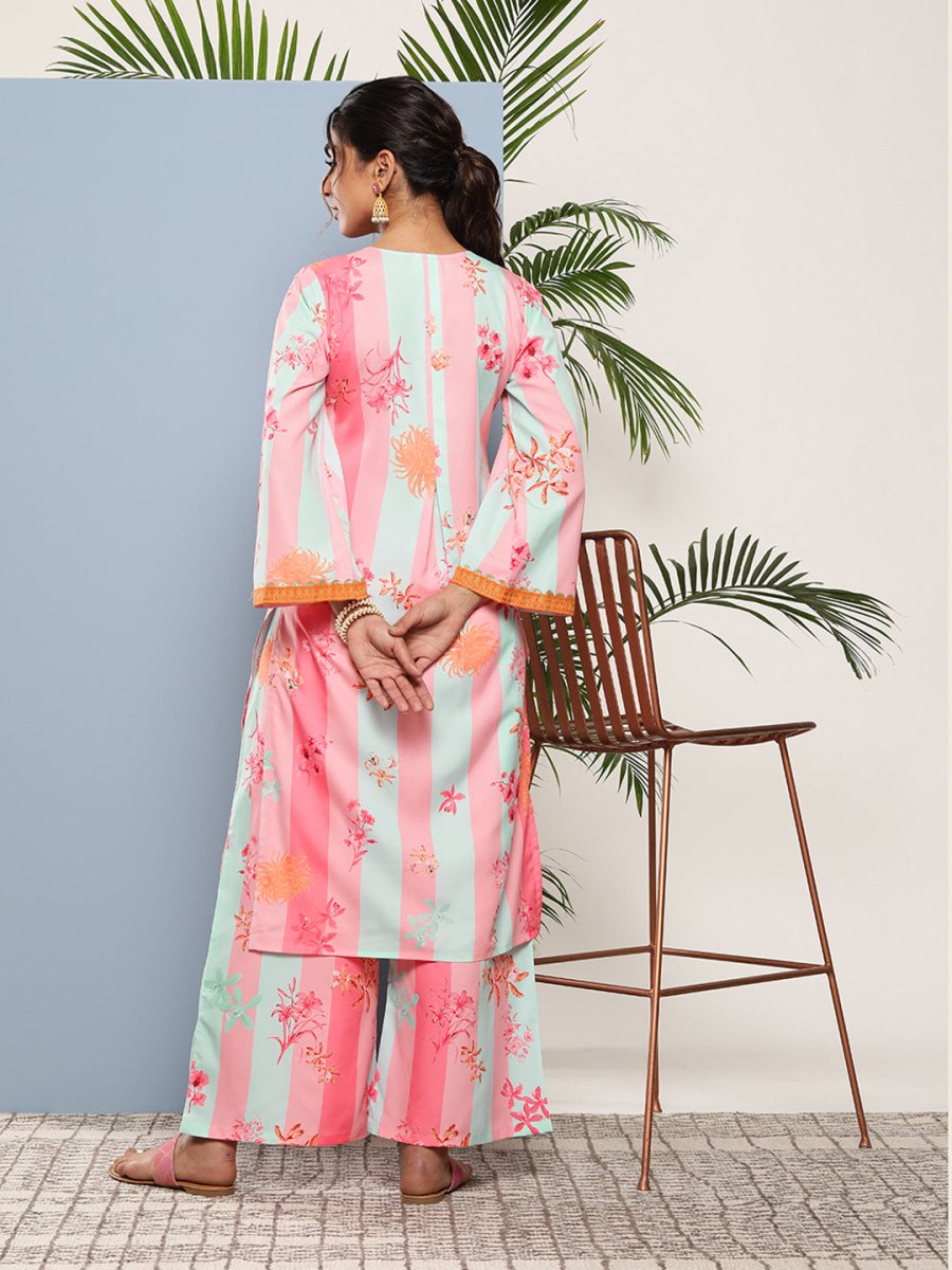 Ahalyaa Women Pink Floral Printed Pleated Gotta Patti Kurta with Palazzos | Swadesiicart