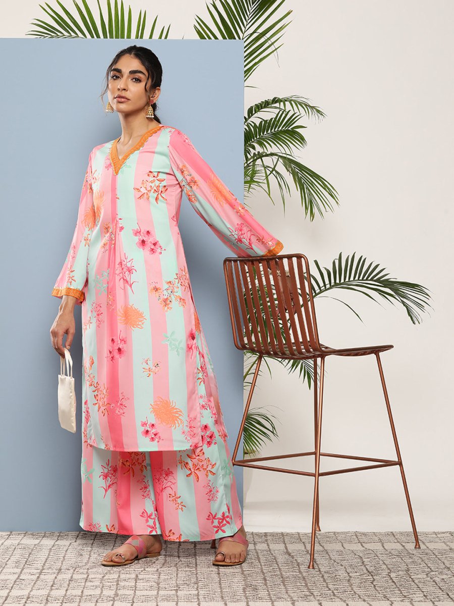 Ahalyaa Women Pink Floral Printed Pleated Gotta Patti Kurta with Palazzos | Swadesiicart