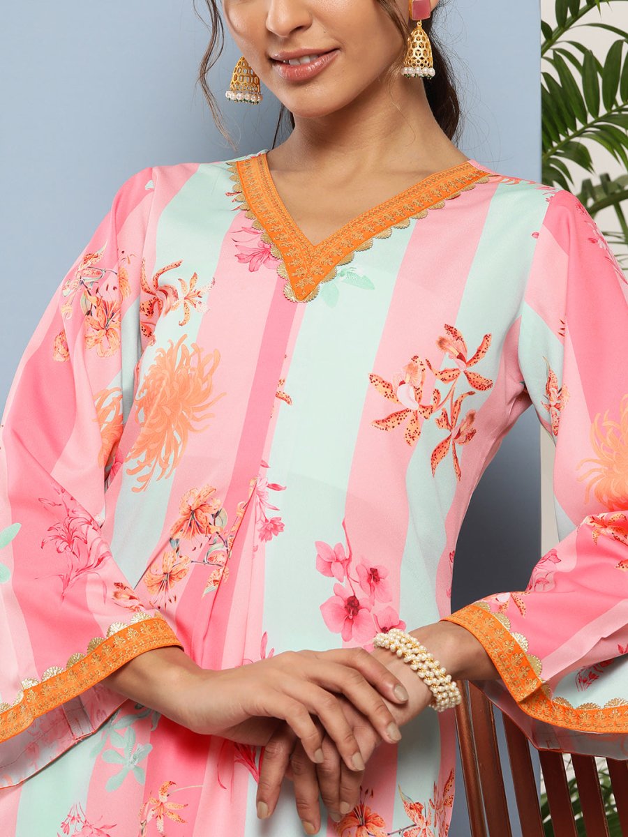 Ahalyaa Women Pink Floral Printed Pleated Gotta Patti Kurta with Palazzos | Swadesiicart