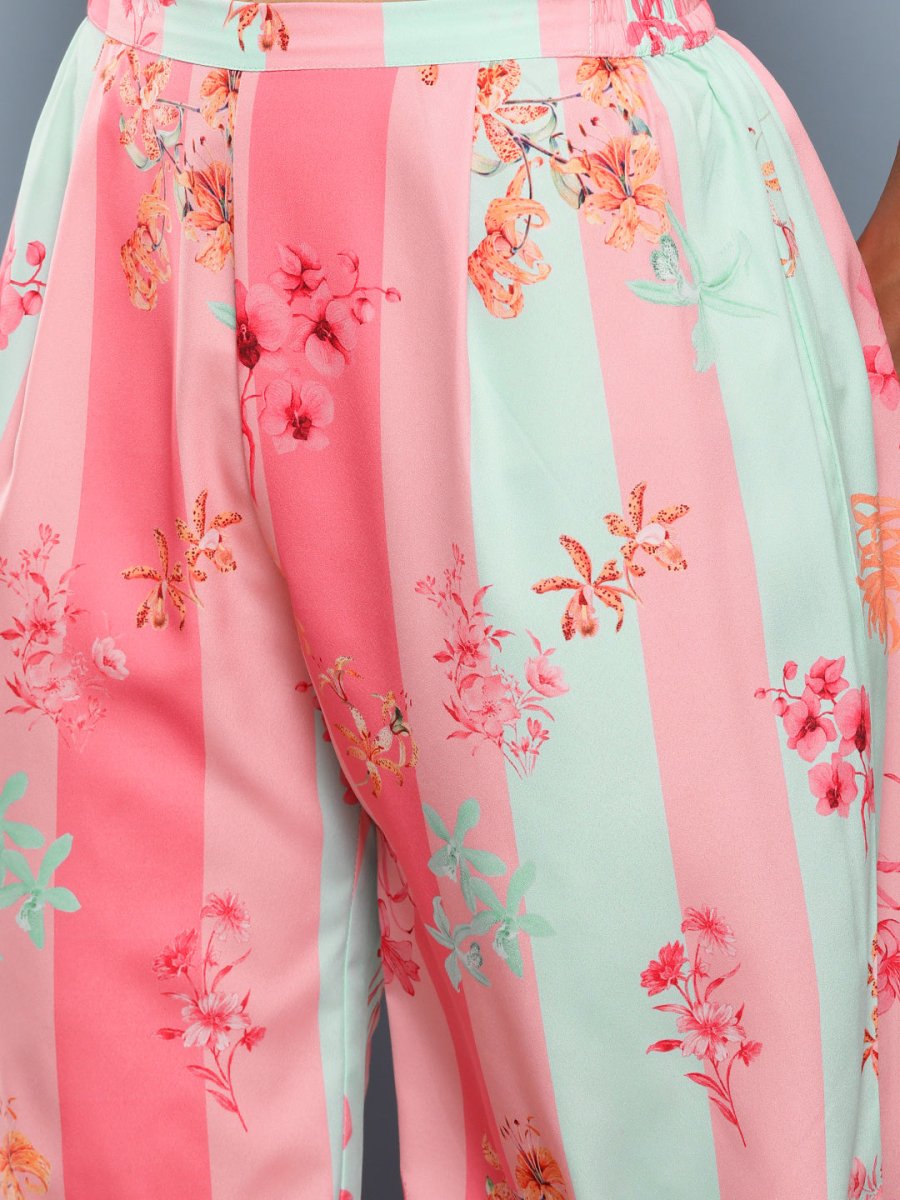 Ahalyaa Women Pink Floral Printed Pleated Gotta Patti Kurta with Palazzos | Swadesiicart