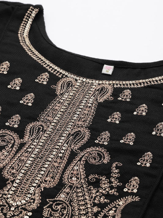 Ahalyaa Women Black Embroidered Aari Work Pashmina Kurta With Palazzos | Swadesiicart