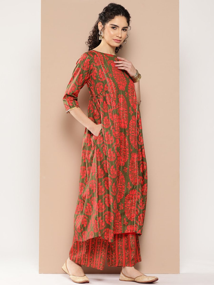 Ahalyaa Women Floral Printed Panelled Sequinned Kurta with Palazzos | Swadesiicart