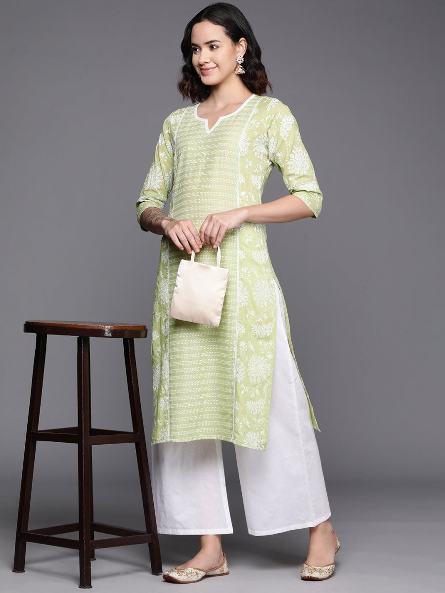 Ahalyaa Floral Printed Panelled Sweetheart Neck Pure Cotton Kurta With Palazzos | Swadesiicart