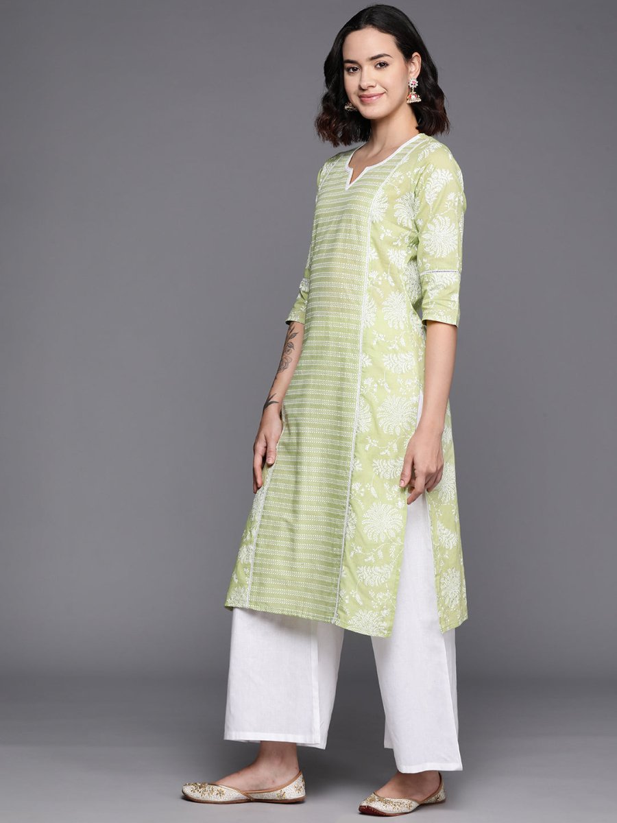 Ahalyaa Floral Printed Panelled Sweetheart Neck Pure Cotton Kurta With Palazzos | Swadesiicart