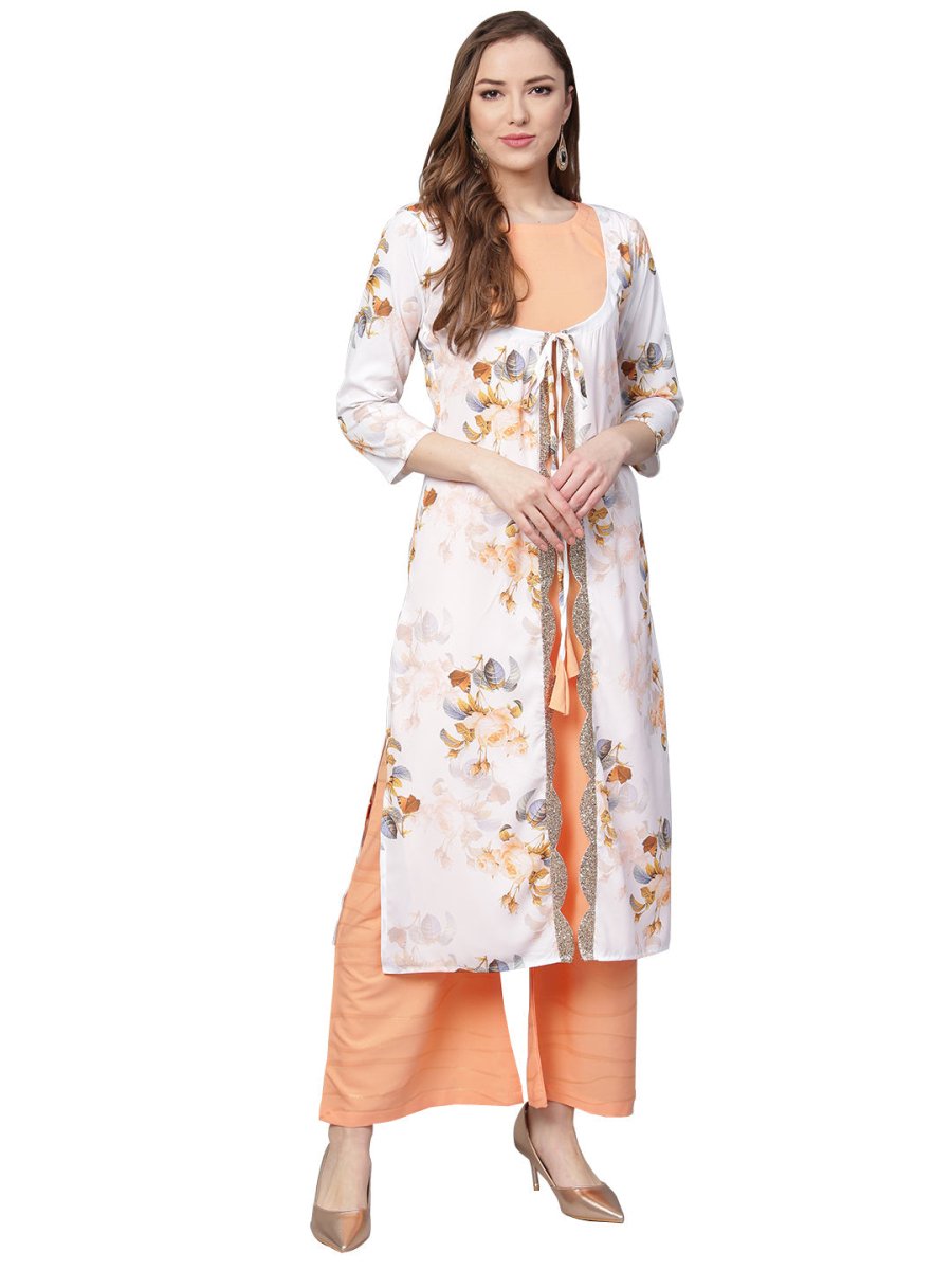 Ahalyaa White & Peach Floral Jacket Style Kurta With Plazzo | Swadesiicart