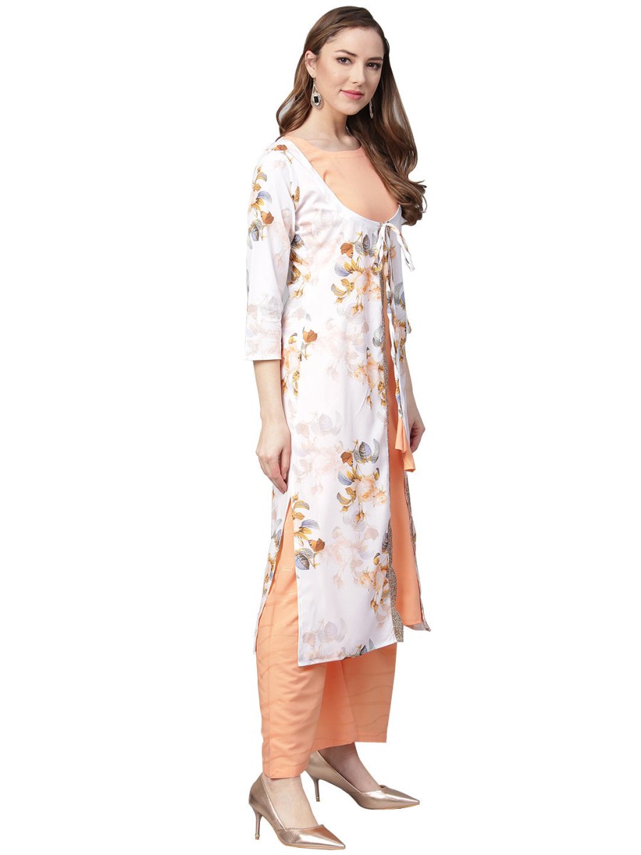Ahalyaa White & Peach Floral Jacket Style Kurta With Plazzo | Swadesiicart