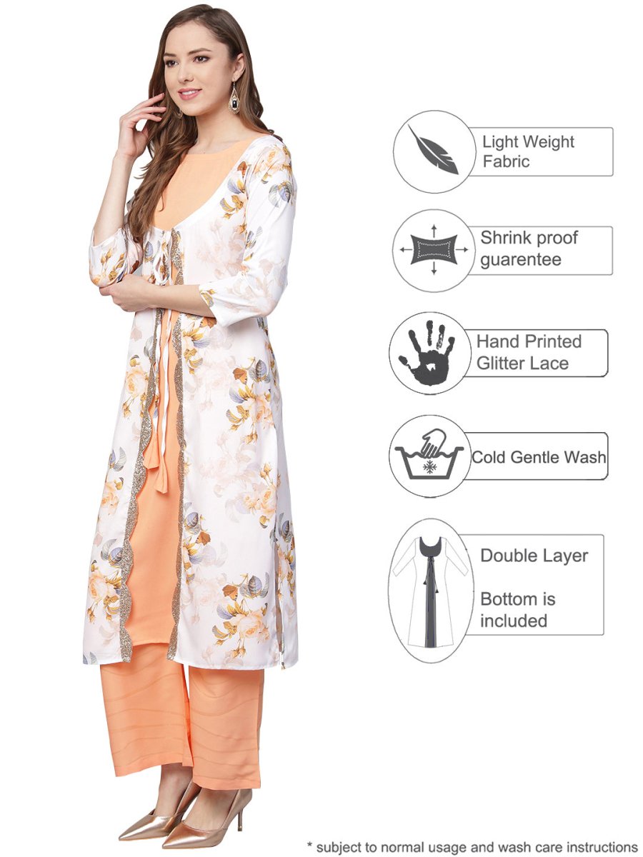 Ahalyaa White & Peach Floral Jacket Style Kurta With Plazzo | Swadesiicart