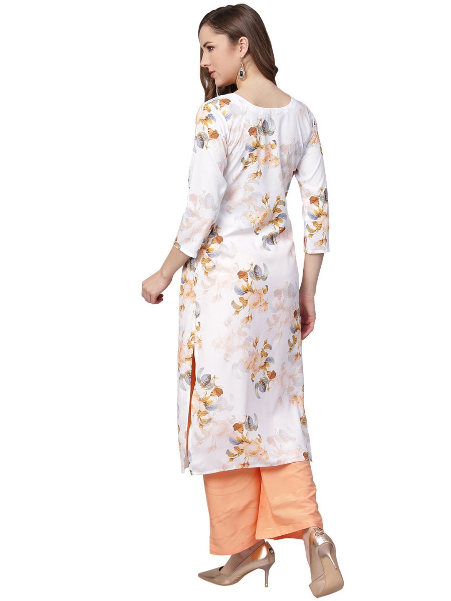 Ahalyaa White & Peach Floral Jacket Style Kurta With Plazzo | Swadesiicart