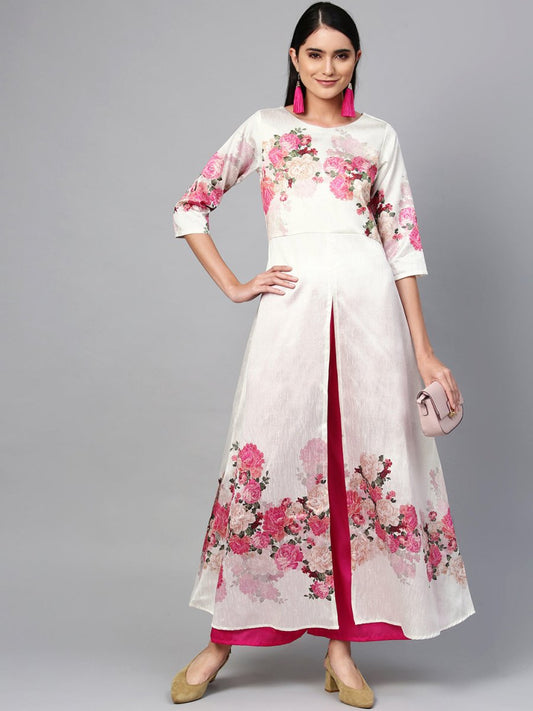 Ahalyaa Off-White & Pink Printed Kurta with Palazzo | Swadesiicart