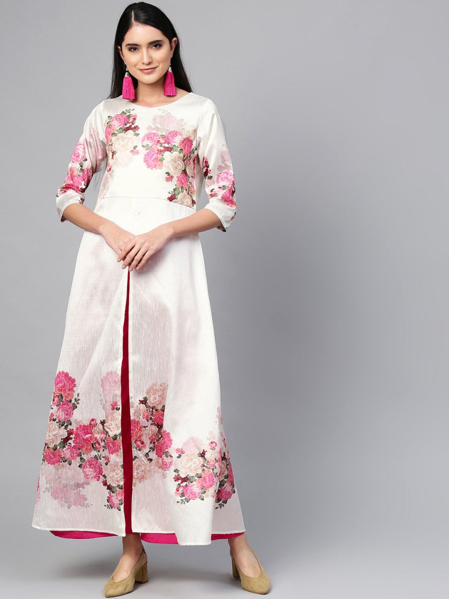 Ahalyaa Off-White & Pink Printed Kurta with Palazzo | Swadesiicart