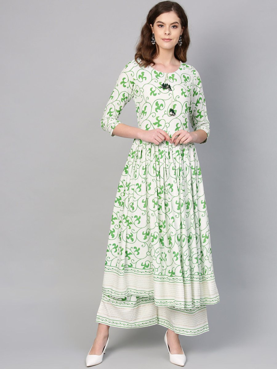 Ahalyaa Green Round Neck Assymetrical Floral Kurta with Palazzo | Swadesiicart