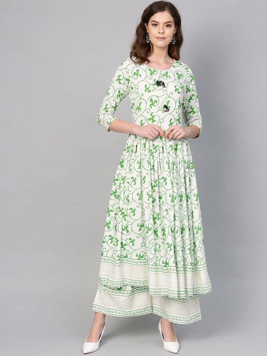 Ahalyaa Green Round Neck Assymetrical Floral Kurta with Palazzo | Swadesiicart