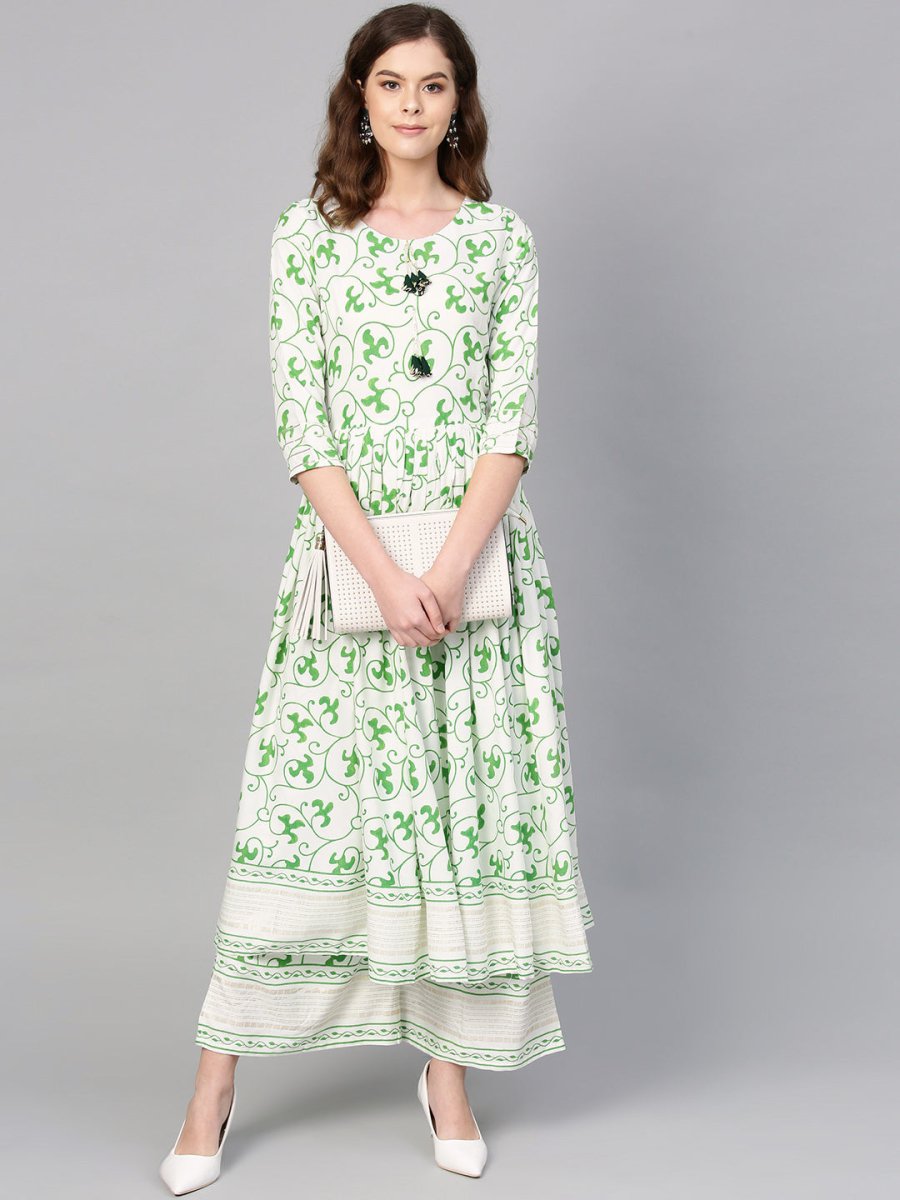 Ahalyaa Green Round Neck Assymetrical Floral Kurta with Palazzo | Swadesiicart