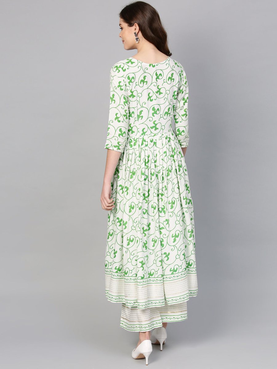 Ahalyaa Green Round Neck Assymetrical Floral Kurta with Palazzo | Swadesiicart